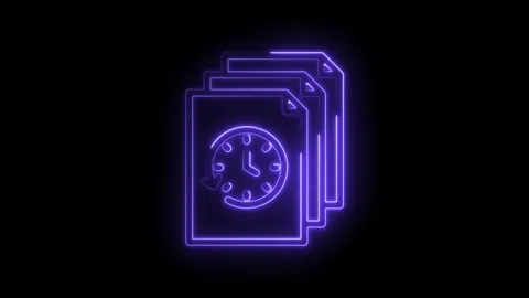 Neon glowing document icons with clock and circular arrow symbol representing Stockbeeldmateriaal 333961309