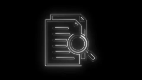 Neon glowing document search icon animation on black background digital research Stock Footage 333954835