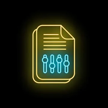 Neon glowing document settings and control sliders icon Stock Illustration