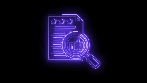 Neon glowing document with stars and magnifying glass over thumbs up icon Stock Footage 333970012