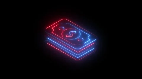 Neon glowing dollar banknotes icon on black background Stock Footage 345901797