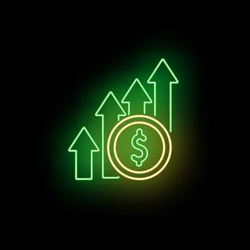 Neon glowing dollar coin with increasing trend arrows Stock Illustration