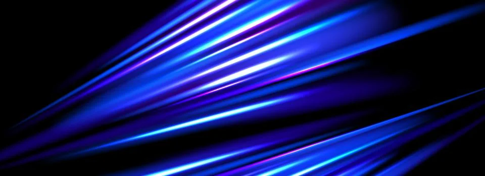 Neon glowing dynamic stripe background. Bright blue speed light effect. Exposure Stock Illustration