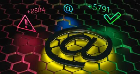 The Neon glowing e-mail sign with incoming messages and spam abstract design. Stock Illustration