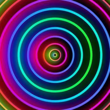 Neon glowing effect colour light circles illustration. Ilustración de archivo