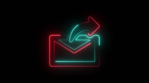 Neon glowing email icon with a red arrow on black background Video stock 344629873