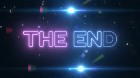 Neon glowing the end text animation featuring floating colorful playing card Stock Footage 340610847