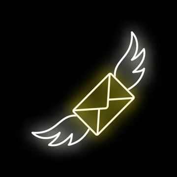 Neon glowing envelope flying with wings digital mail concept Stock Illustration