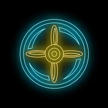 Neon glowing fan icon creating air movement concept Stock Illustration