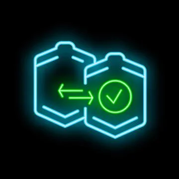 Neon glowing file transferring with checkmark icon on dark background Stock Illustration