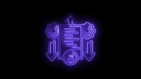 Neon glowing financial process icon with gears and dollar symbol showing upward Stock Footage 333955901