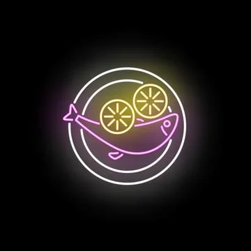 Neon glowing fish dish with lemon slices sign Stock Illustration