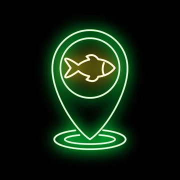 Neon glowing fish map pin location icon Stock Illustration