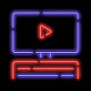 Neon glowing flat screen TV on home theater table. Stock Illustration