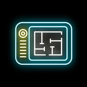Neon glowing floor plan on digital tablet screen Stock-Illustration