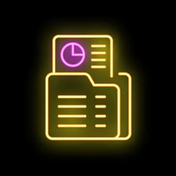 Neon glowing folder with documents and pie chart on black background Stock Illustration