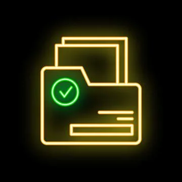 Neon glowing folder with documents and check mark icon on black background Stock Illustration