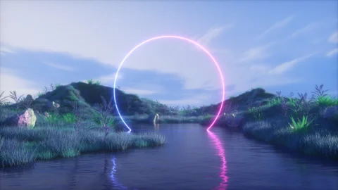 Neon Glowing Frame and Landscape with Lake Background Stock Footage 265348961