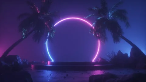 Neon Glowing Frame on Stage and Palm Trees Background Stock Footage 250466333