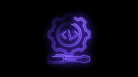 Neon glowing gear with code symbols and screwdriver icon on black backgroun.. Stock Footage 346827453