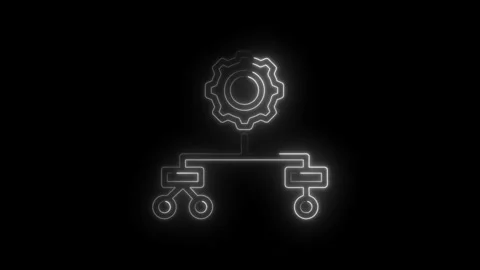 Neon glowing gear icon connected to flowchart diagram representing process Stock Footage 333953728