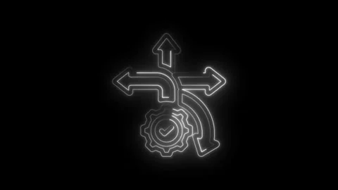 Neon glowing gear with multiple arrows indicating choices direction and decision Stock Footage 333959432