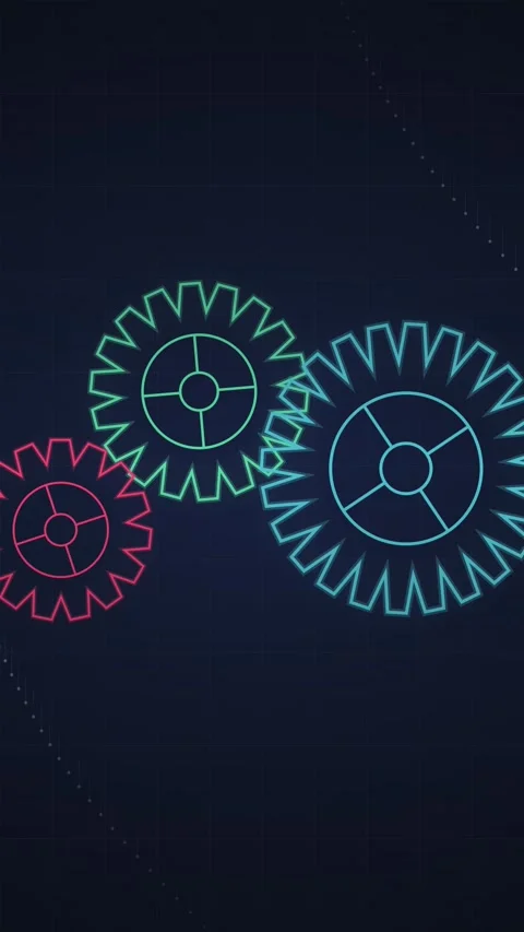 Neon Glowing Gear Wheels Rotating on Dark Grid Background Stock Footage 346203481