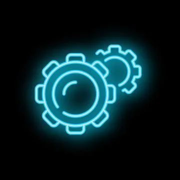 Neon glowing gears turning setting in motion on black background Stock Illustration