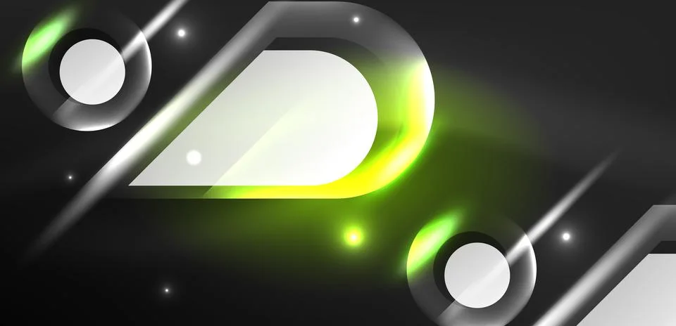Neon glowing geometric shapes vector abstract background. Round elements, light Stock Illustration
