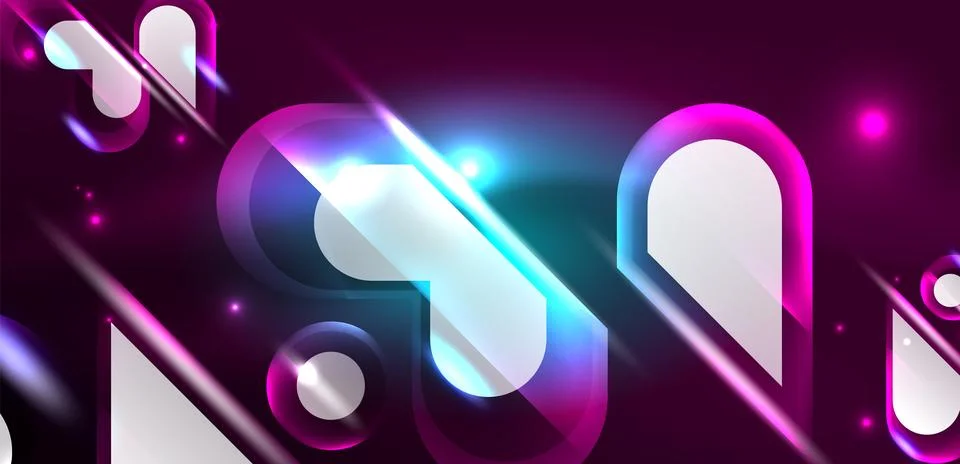 Neon glowing geometric shapes vector abstract background. Round elements, light イラスト素材