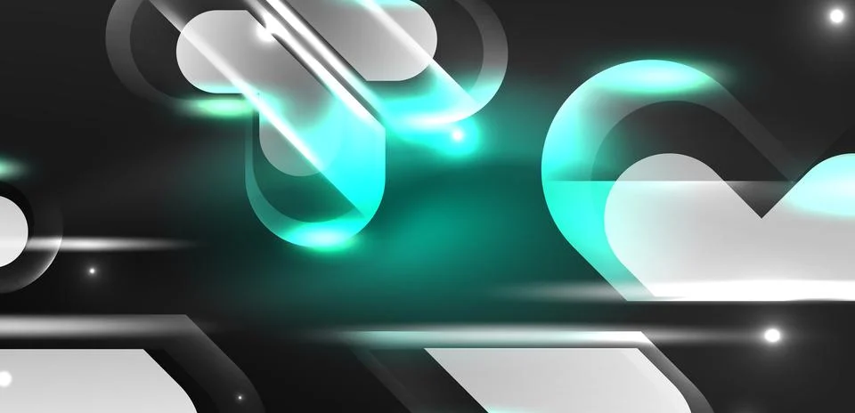 Neon glowing geometric shapes vector abstract background. Round elements, light Stock Illustration