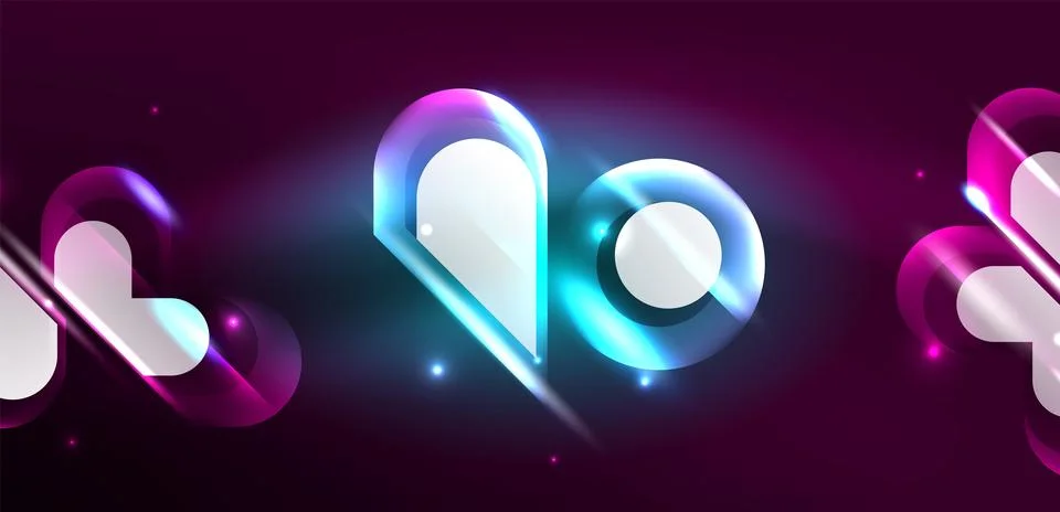 Neon glowing geometric shapes vector abstract background. Round elements, light Stock Illustration