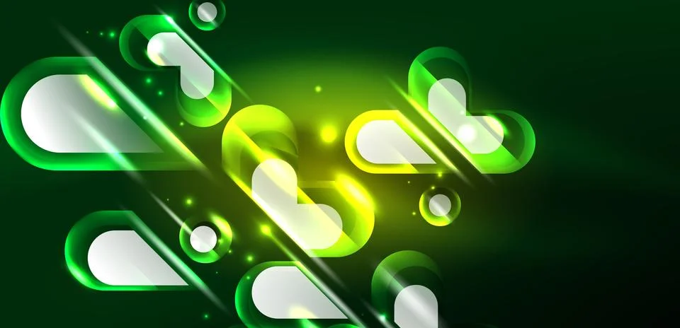 Neon glowing geometric shapes vector abstract background. Round elements, light イラスト素材
