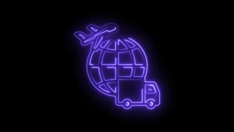 Neon glowing global logistics icon with airplane and truck on black background Stock Footage 333964088