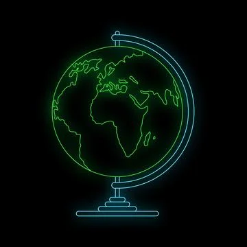 Neon glowing globe displaying world map outline Stock Illustration