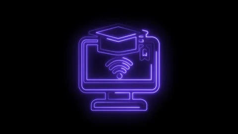 Neon glowing graduation cap on computer screen with wifi symbol and diploma tag Stock Footage 333951862