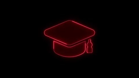 Neon glowing graduation cap icon illuminating against deep black background.. Stock Footage 345549981