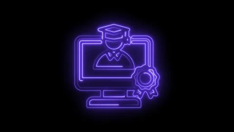 Neon glowing graduation cap student icon on computer screen with certificate Stock Footage 333956323