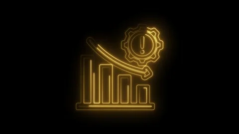 Neon glowing graph bar chart falling down with gear and exclamation mark icon Stock Footage 333964688