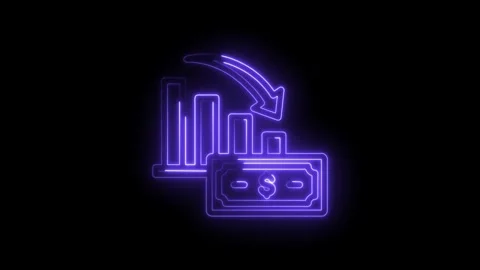 Neon glowing graph down arrow and dollar bill icon on black background financial Stock Footage 333954646