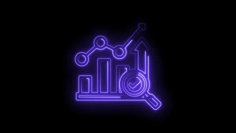 Neon glowing graph with rising arrow and magnifying glass checkmark icon Stock Footage 333963664