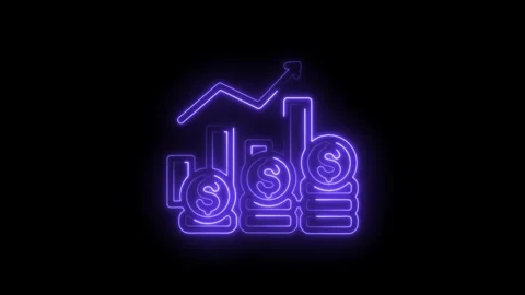 Neon glowing graph with rising arrow and stacked coins symbolizing financial Stock Footage 333969042