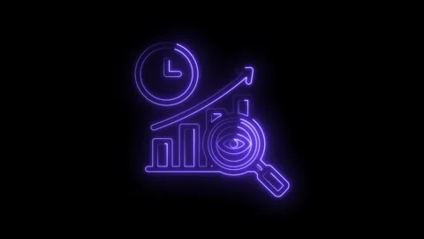 Neon glowing graph with upward arrow clock and magnifying glass with eye symbol Stockbeeldmateriaal 333956904