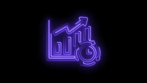 Neon glowing graph with upward arrow and circular timer icon representing Stock Footage 333957316