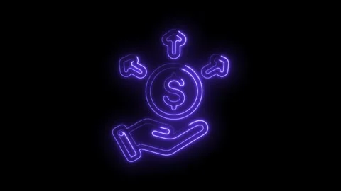 Neon glowing hand holding dollar coin with arrows pointing outwards symboli.. Stock Footage 346009188