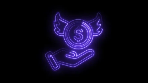 Neon glowing hand holding winged dollar coin symbol abstract motion dark ba.. Stock Footage 346013057