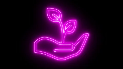 Neon glowing hand holding young sprout plant motion graphic isolated on bla.. Stock Footage 345547975