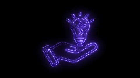 Neon glowing hand presenting idea concept with puzzle light bulb innovation.. Stock Footage 345998207