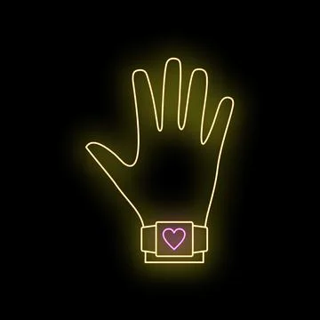 Neon glowing hand wearing smart health tracker Illustrazione stock