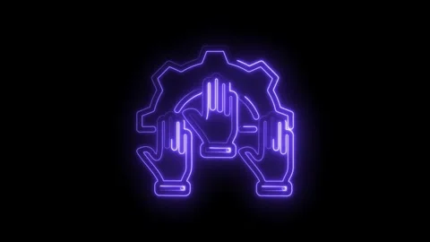 Neon glowing hands and gear icon symbolizing teamwork collaboration and bus.. Stock Footage 346112246